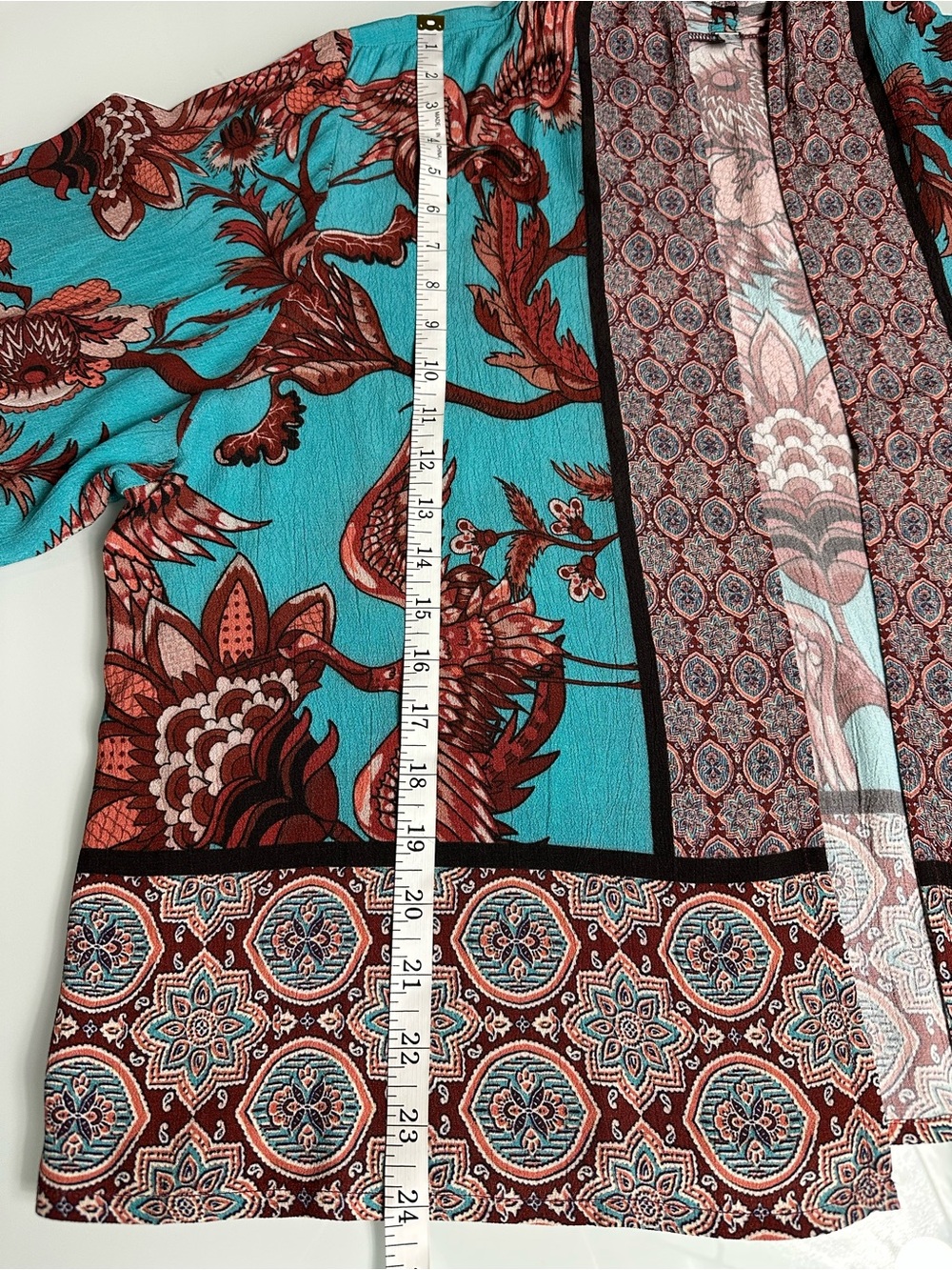 BL^NK London Kimono Jacket Boho Bird Print Open Front Turquoise NWOT - Picture 8 of 8